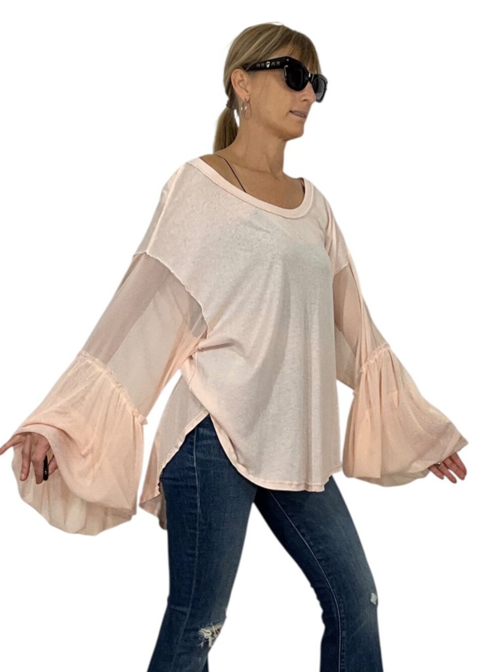 Free People Still Got It Tee Top S Pink Oversized Mesh Bell Sleeves - Picture 5 of 16